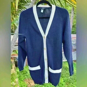 Liola Wool Cardigan Sweater Knit Navy Blue Cream Made in Italy Medium Italian